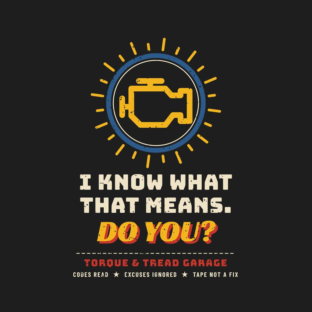 Close-up of the print: yellow engine warning icon in a blue and cream bezel with yellow rays and bold lettering, lightly distressed.