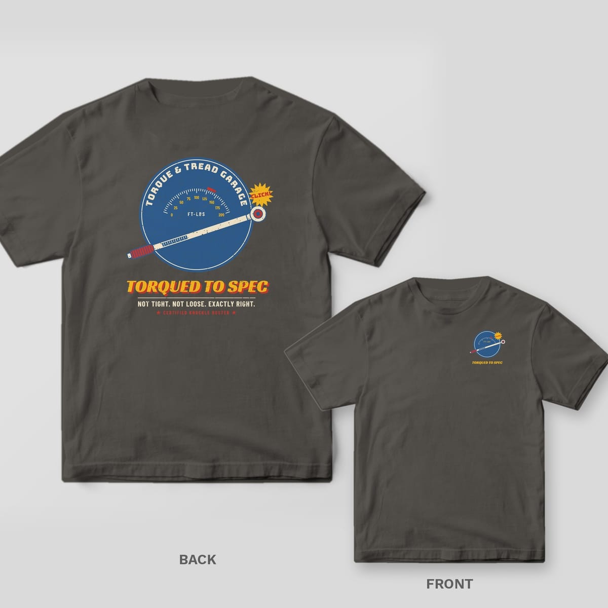 Pepper Comfort Colors tee shown back and front: a torque wrench and gauge with Torqued To Spec on the back and a small matching gauge on the chest.