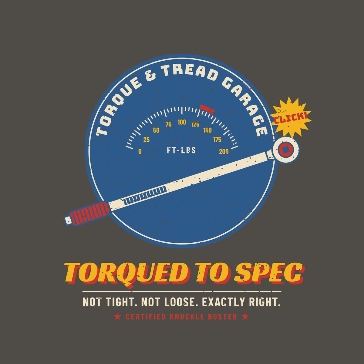 Close-up of the print: click-type torque wrench with a red knurled grip over a blue ft-lbs dial with a red spec zone, lightly distressed.