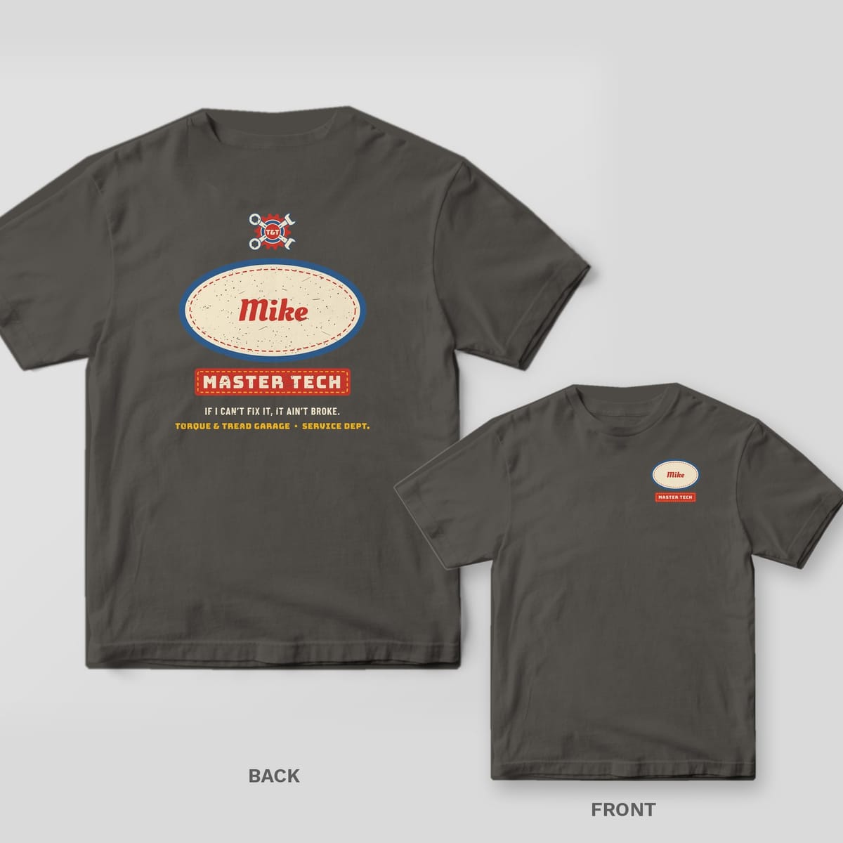 Pepper Comfort Colors tee shown back and front: a big oval name patch reading Mike over a Master Tech stripe on the back and a small matching patch on the chest.