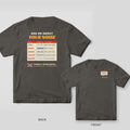 Pepper Comfort Colors tee shown back and front: an Ask Me About Your Noise chart of car noises and waveforms on the back and a small Ask Me speech bubble on the chest.