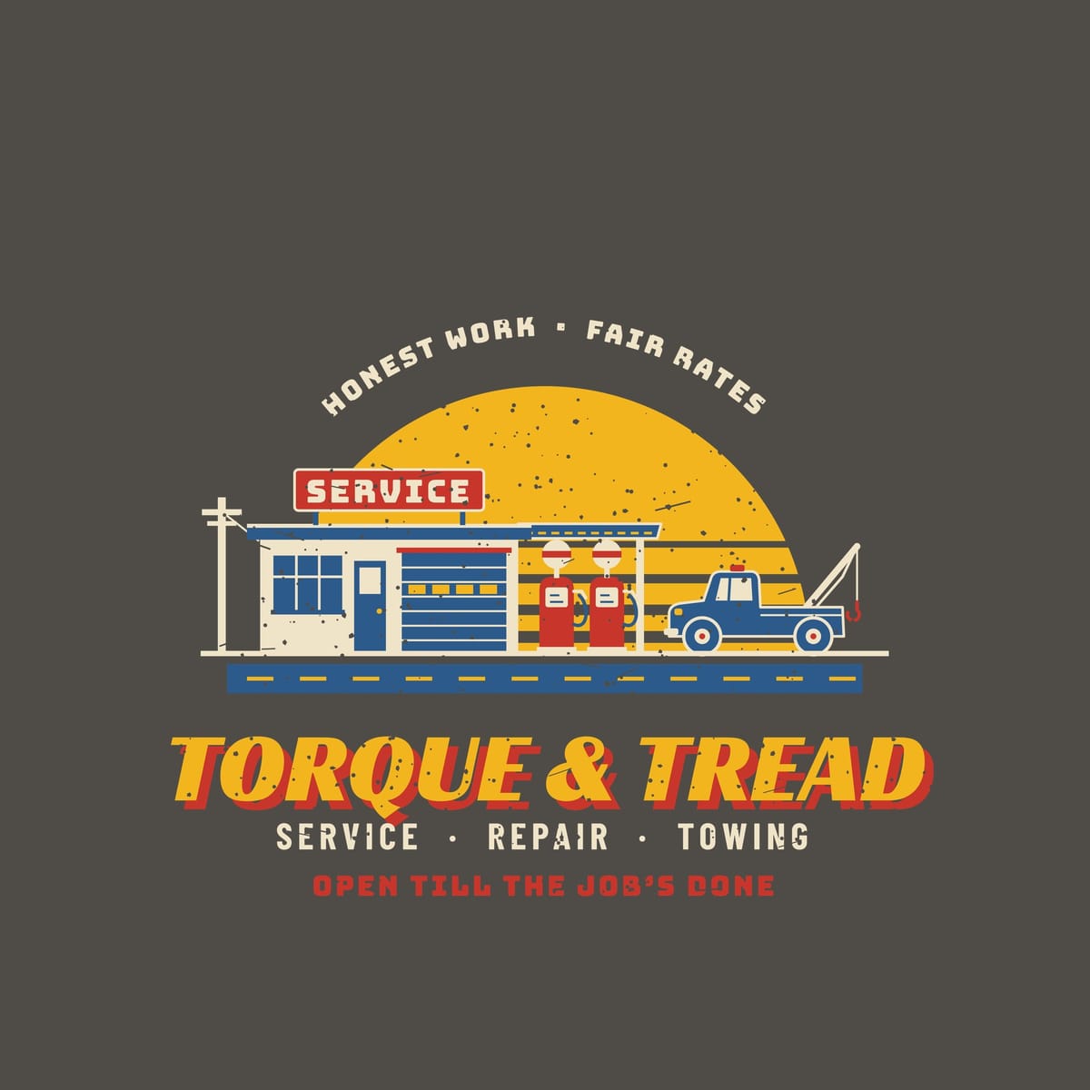 Close-up of the print: cream station building with a red SERVICE roof sign, red pumps, blue tow truck and striped yellow sun, yellow Torque & Tread lettering with a red shadow and light speckled distressing.