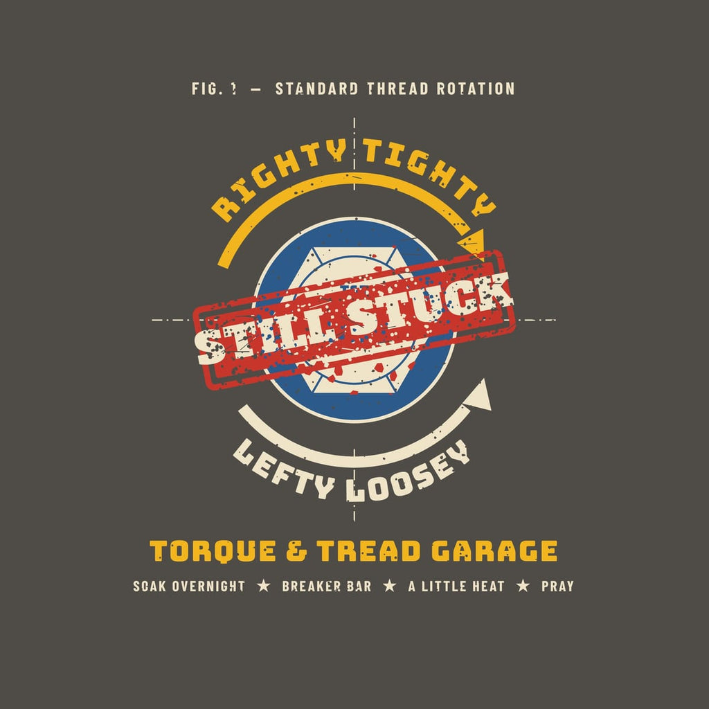 Close-up of the print: cream bolt head with red rust spots on a blue washer, yellow and cream curved arrows, a distressed red Still Stuck stamp and yellow Torque & Tread lettering.
