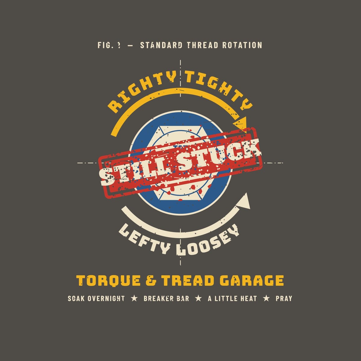 Close-up of the print: cream bolt head with red rust spots on a blue washer, yellow and cream curved arrows, a distressed red Still Stuck stamp and yellow Torque & Tread lettering.