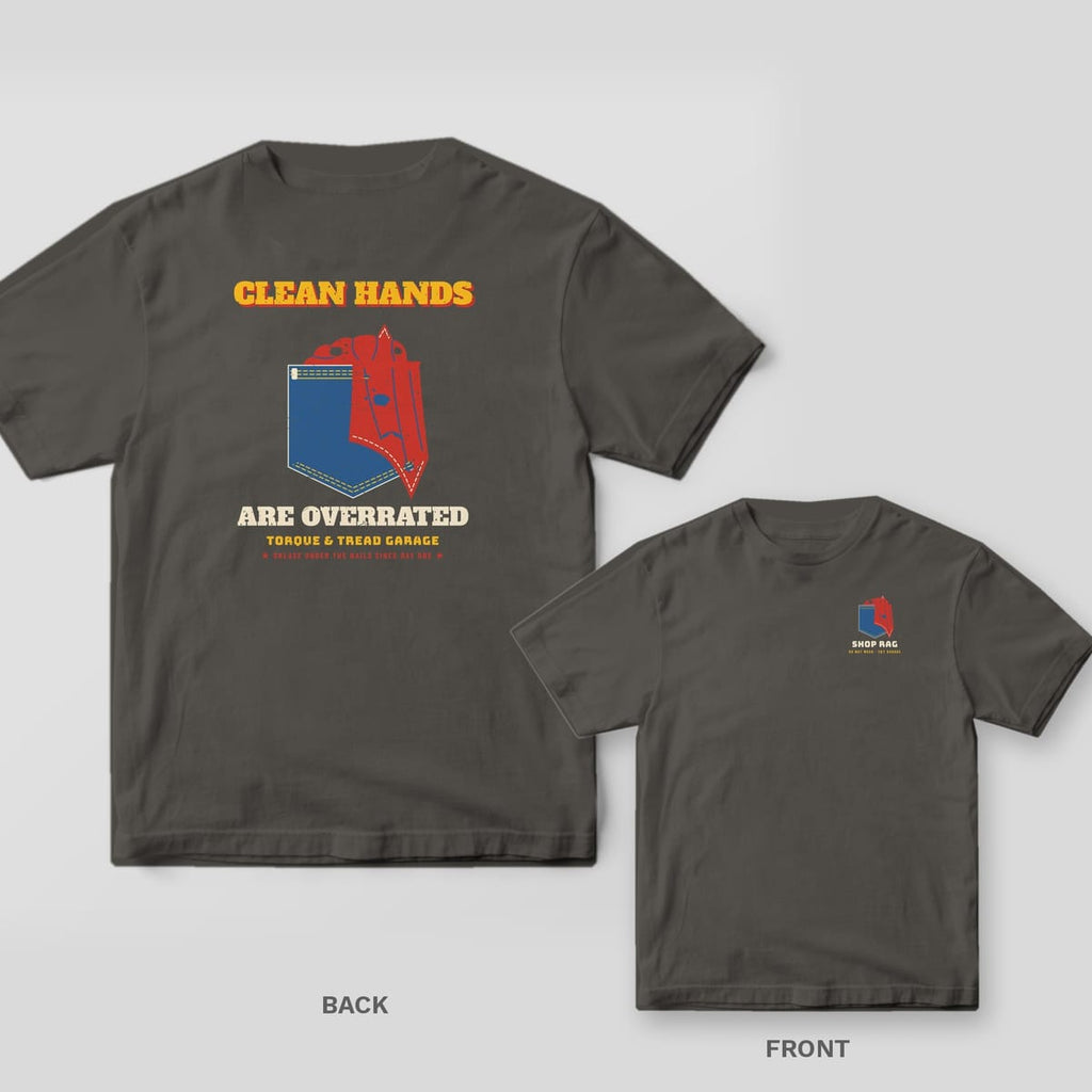 Pepper Comfort Colors tee shown back and front with the Clean Hands Are Overrated design: a large back print and a small denim pocket with a red shop rag and the words Shop Rag on the chest.