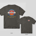 Pepper Comfort Colors tee shown back and front with the Custom Auto Repair Shop Sign design: a large back print and a small round vintage shop sign with a custom shop name and year on the chest.