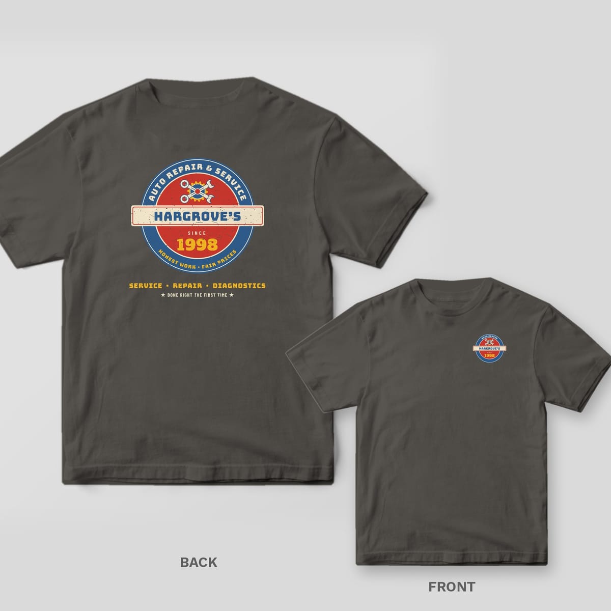 Pepper Comfort Colors tee shown back and front with the Custom Auto Repair Shop Sign design: a large back print and a small round vintage shop sign with a custom shop name and year on the chest.