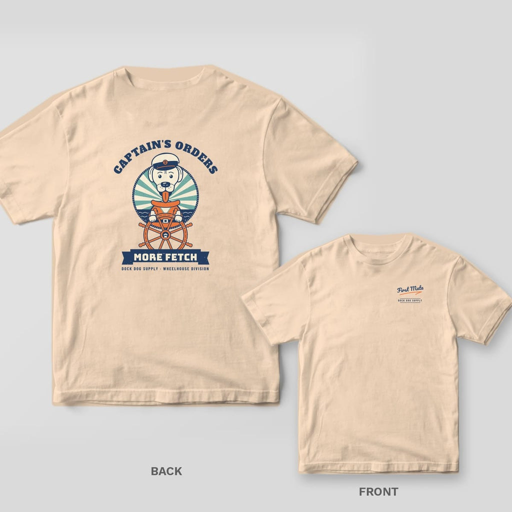 Ivory tee with a lab in a captain's cap steering a ship's wheel and More Fetch on the back, First Mate script on the front chest