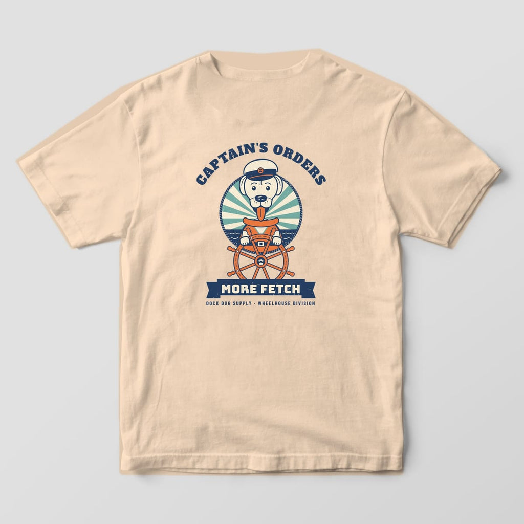 Back of an ivory Comfort Colors tee with a yellow lab in a life vest at a ship's wheel under arched Captain's Orders text