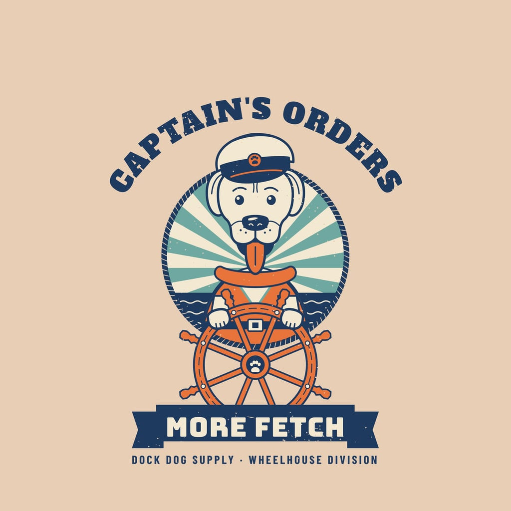 Close-up of the print showing the lab's skipper cap, orange life vest, ship's wheel spokes and More Fetch banner