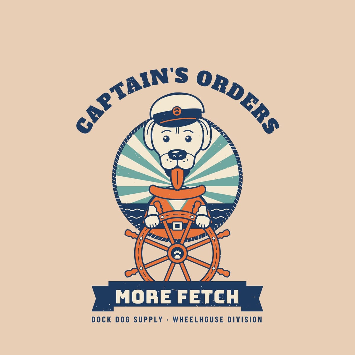 Close-up of the print showing the lab's skipper cap, orange life vest, ship's wheel spokes and More Fetch banner