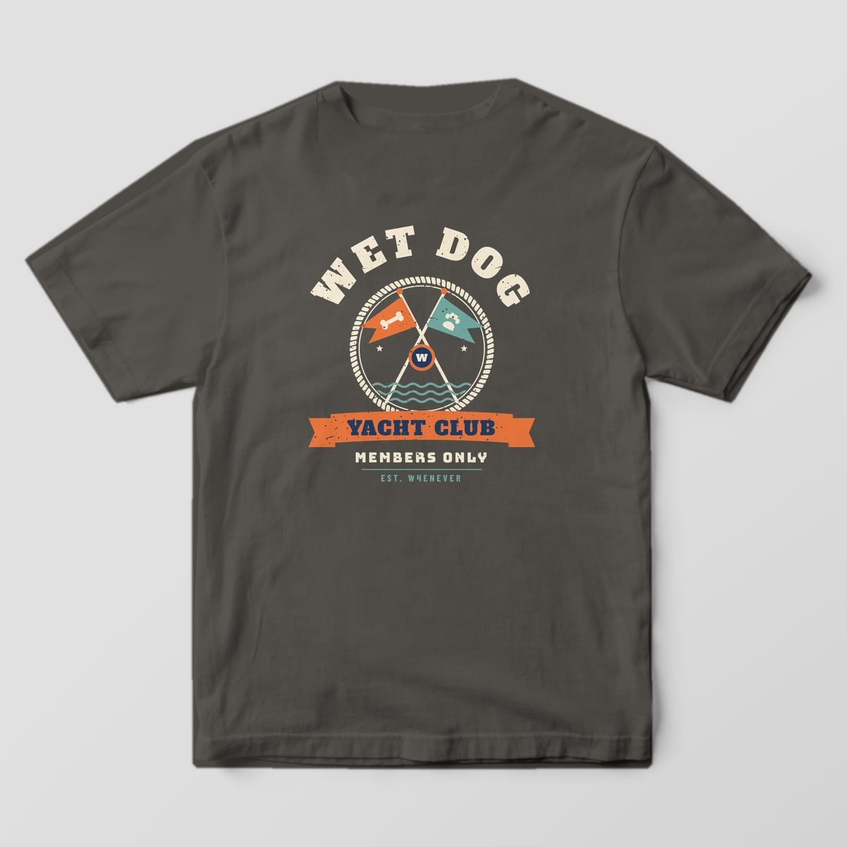 Back of a pepper Comfort Colors tee with crossed bone and paw burgees in a rope ring and Wet Dog Yacht Club lettering