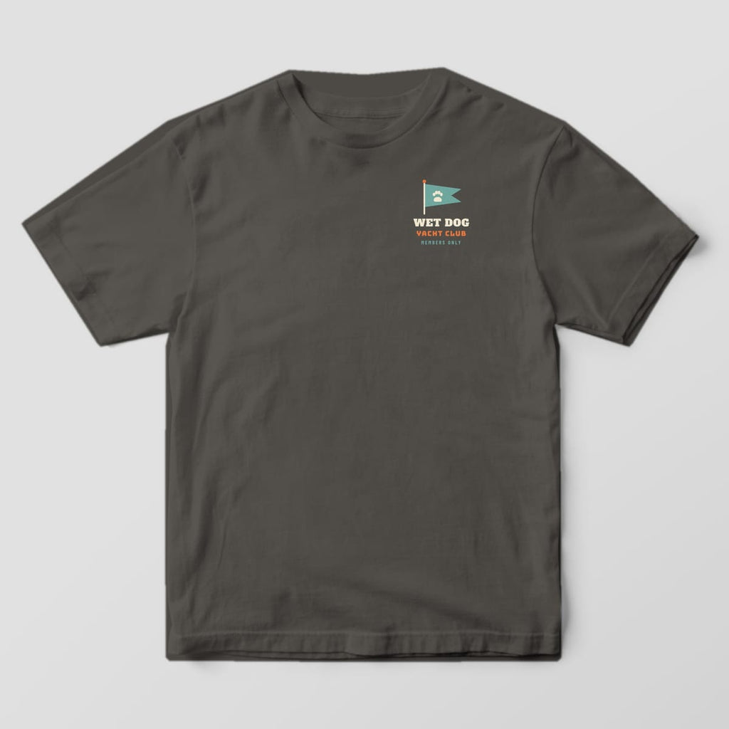 Front of a pepper Comfort Colors tee with a small teal paw pennant and Wet Dog Yacht Club text on the left chest