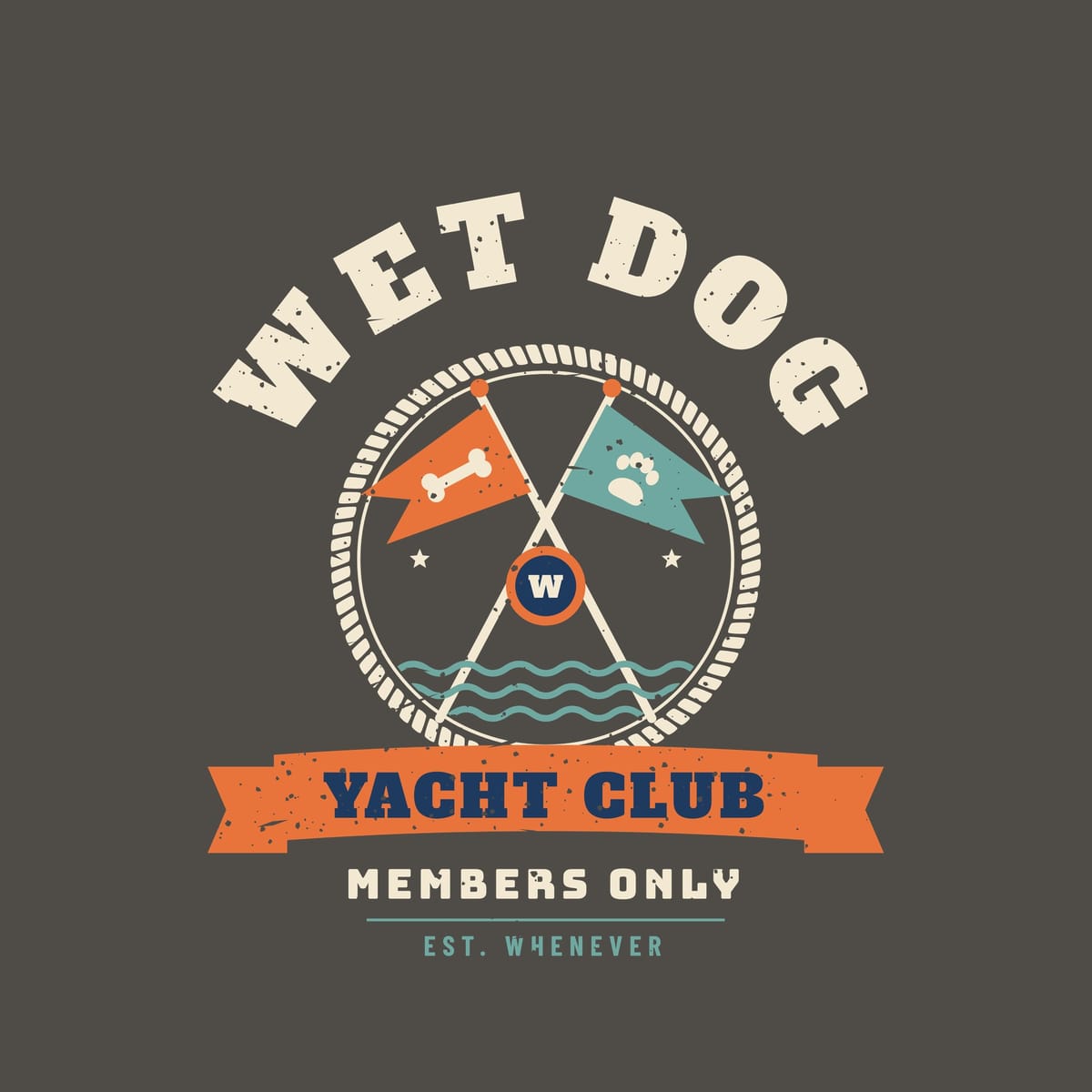 Close-up of the yacht club crest showing the rope ring, burgee flags, orange ribbon and distressed texture