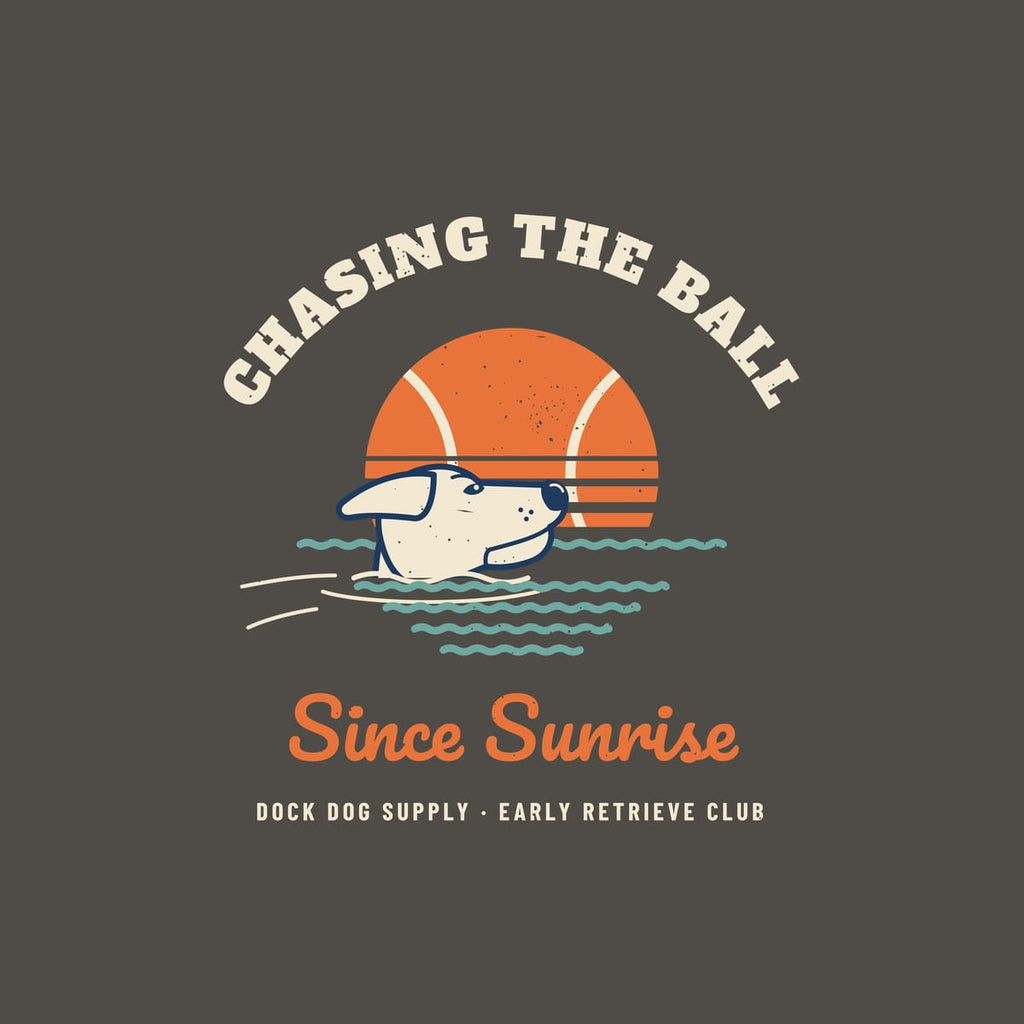 Close-up of the print showing the striped tennis-ball sun, the lab's floating ears, wave rows and cream lettering