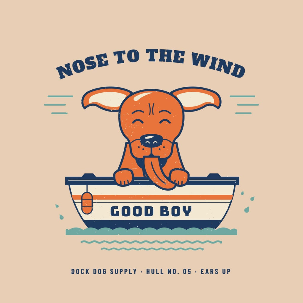 Close-up of the print showing the dog's wind-blown ears, squinting eyes, tongue over the rail and the boat hull