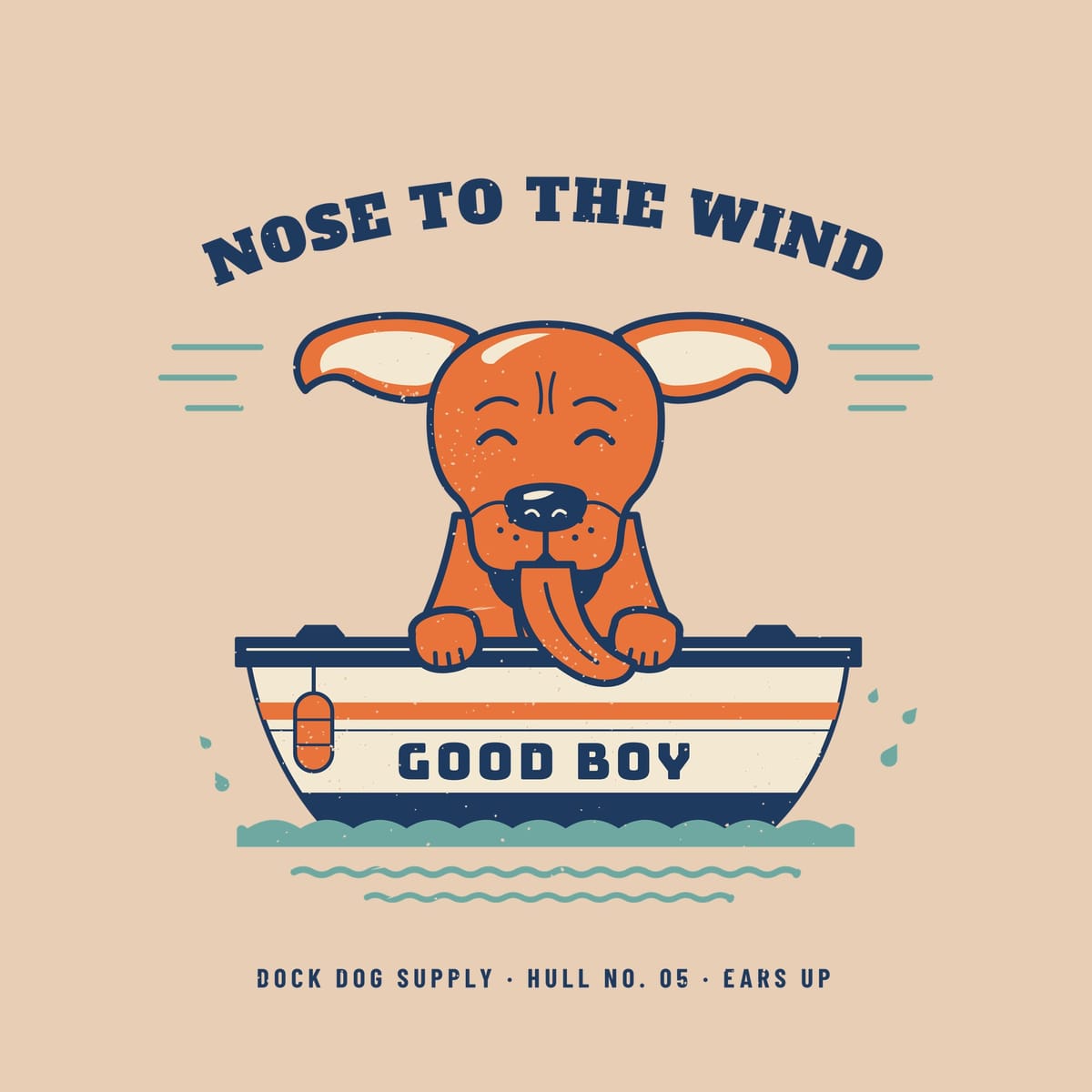 Close-up of the print showing the dog's wind-blown ears, squinting eyes, tongue over the rail and the boat hull