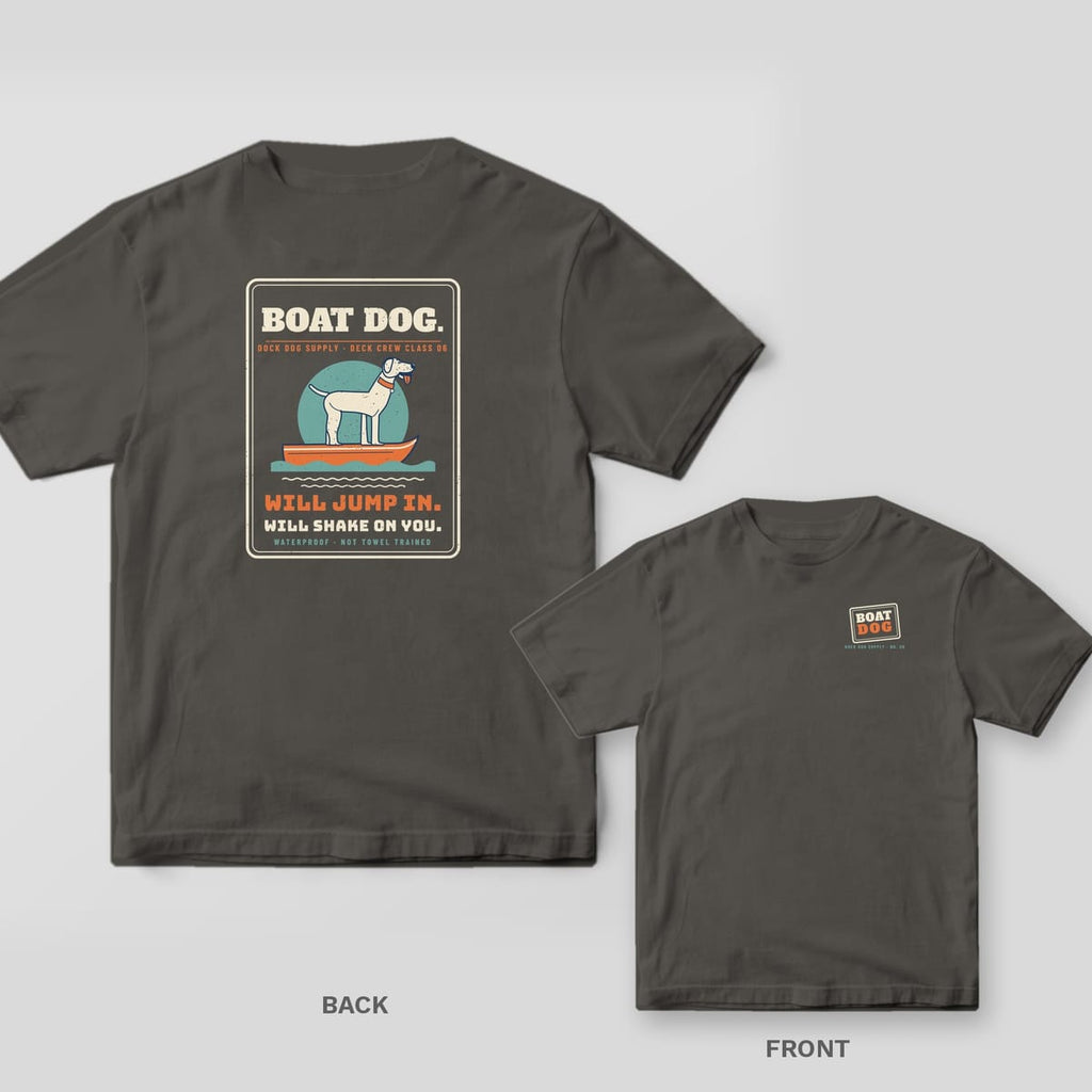 Charcoal tee with a Boat Dog placard on the back showing a lab on a skiff bow, small Boat Dog stamp on the front chest