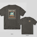 Charcoal tee with a Boat Dog placard on the back showing a lab on a skiff bow, small Boat Dog stamp on the front chest