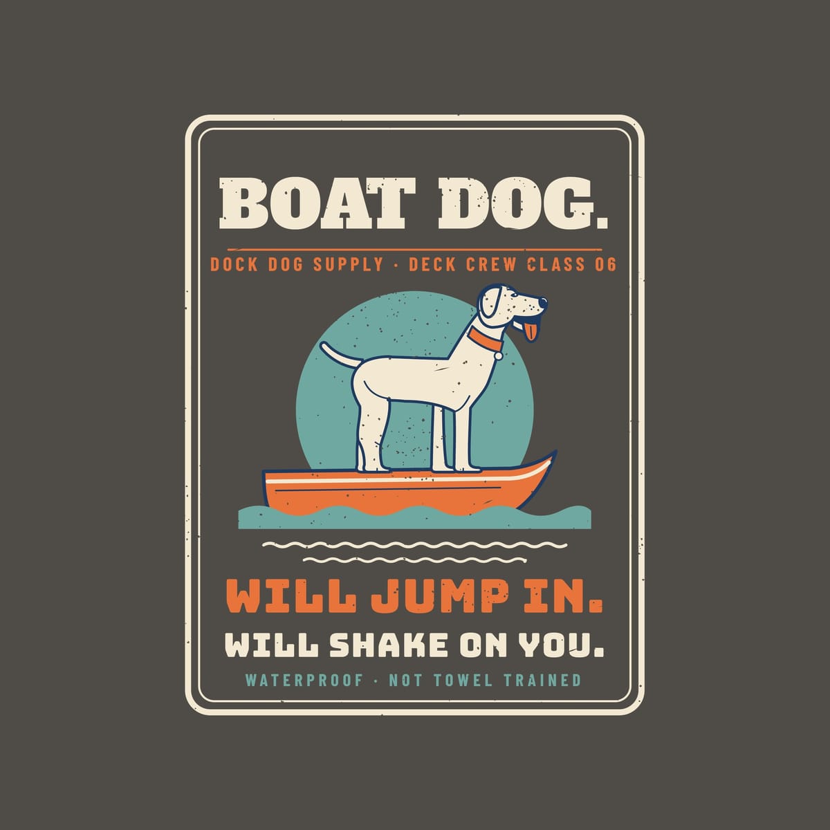 Close-up of the badge showing the standing lab, skiff, teal sun, bold lettering and distressed print texture