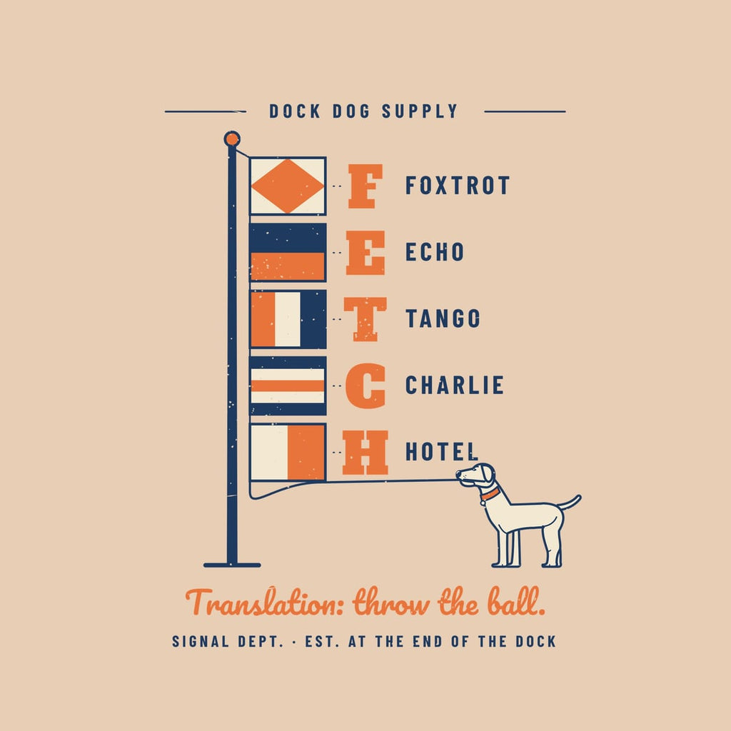 Close-up of the flag hoist showing each code flag, the FETCH key, the dog holding the line and the script translation