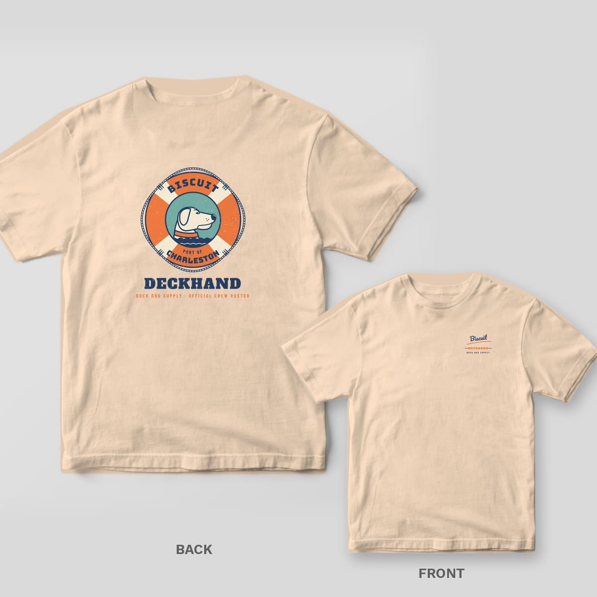 Ivory tee with a personalized life ring showing a dog's name and Port of Charleston on the back, dog name script on the front