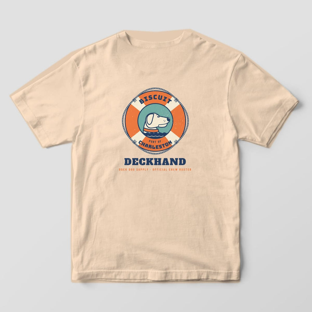 Back of an ivory Comfort Colors tee with an orange life ring reading Biscuit and Port of Charleston around a lab portrait