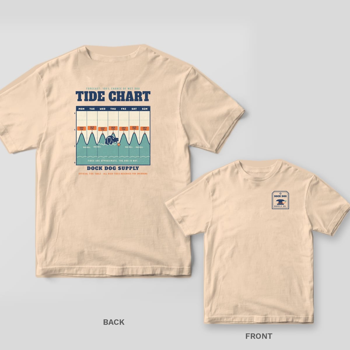 Ivory tee with a tide chart back print where every high tide is labeled Swim Time and a black lab swims after a ball, cleat tag logo on the front chest