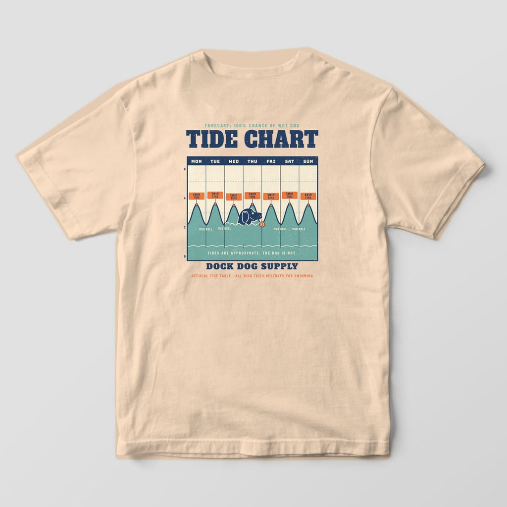 Back of an ivory Comfort Colors tee with a navy, orange and teal tide chart, Swim Time tags and a swimming black lab