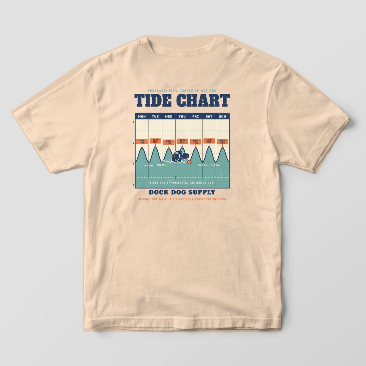 Back of an ivory Comfort Colors tee with a navy, orange and teal tide chart, Swim Time tags and a swimming black lab