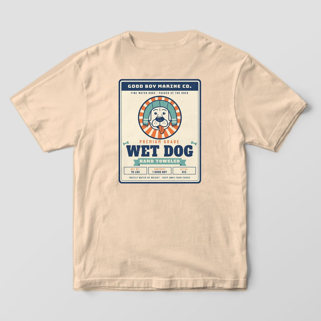 Back of an ivory Comfort Colors tee with a vintage label, smiling lab in a teal towel and Wet Dog Hand Toweled