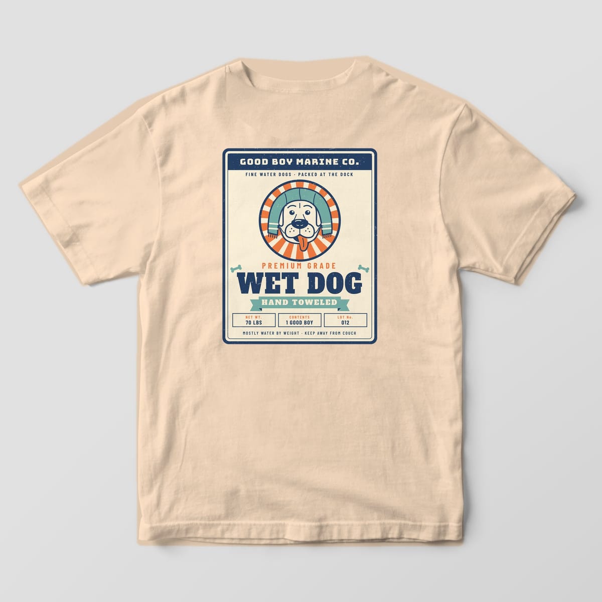 Back of an ivory Comfort Colors tee with a vintage label, smiling lab in a teal towel and Wet Dog Hand Toweled