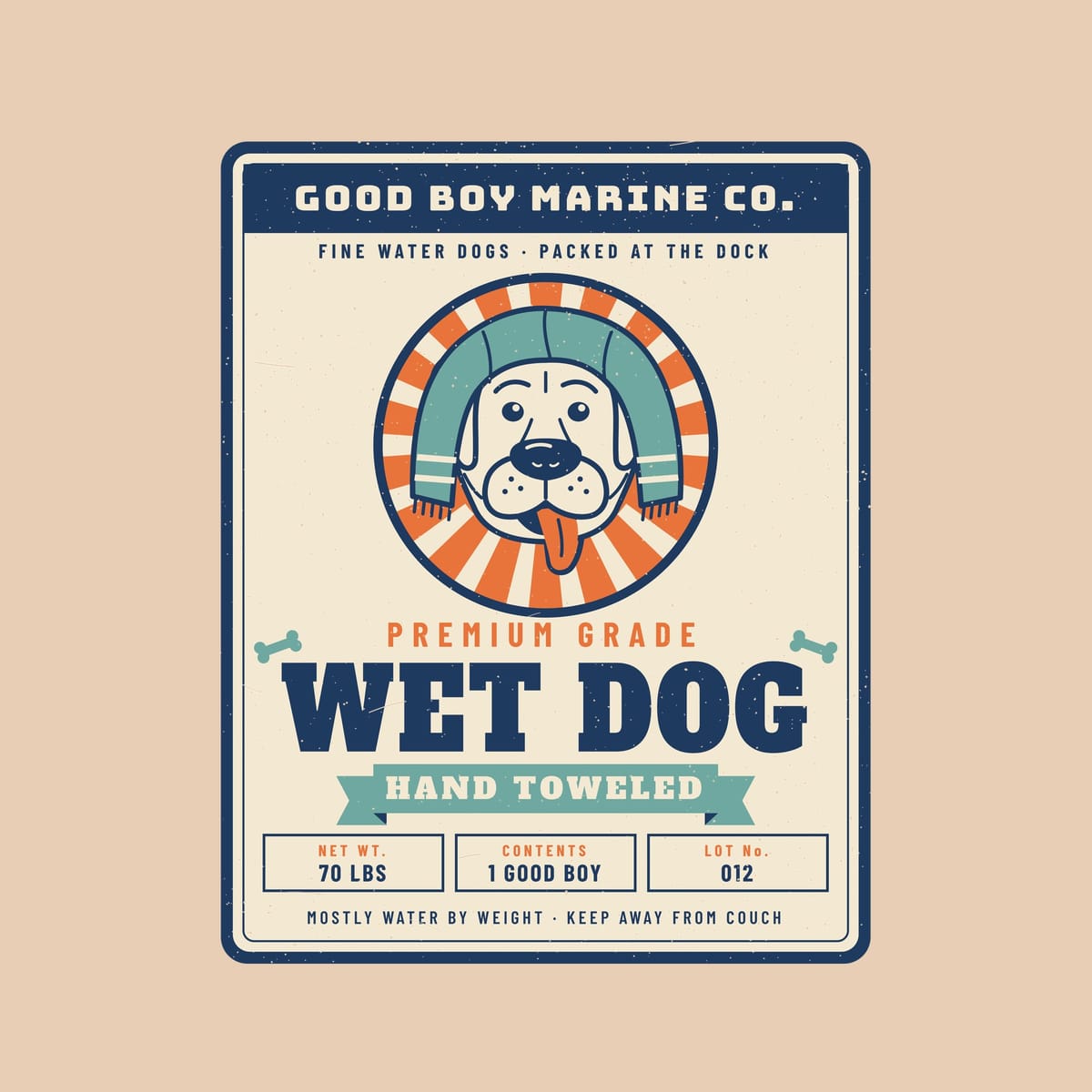 Close-up of the label print showing the towel-wrapped lab, sunburst medallion, spec boxes and distressed texture