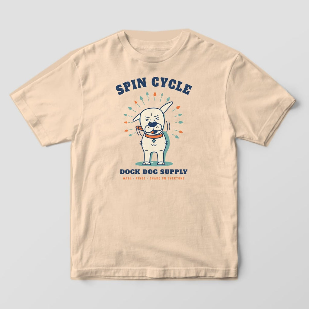 Front of an ivory Comfort Colors tee with the Spin Cycle shaking dog full-front print