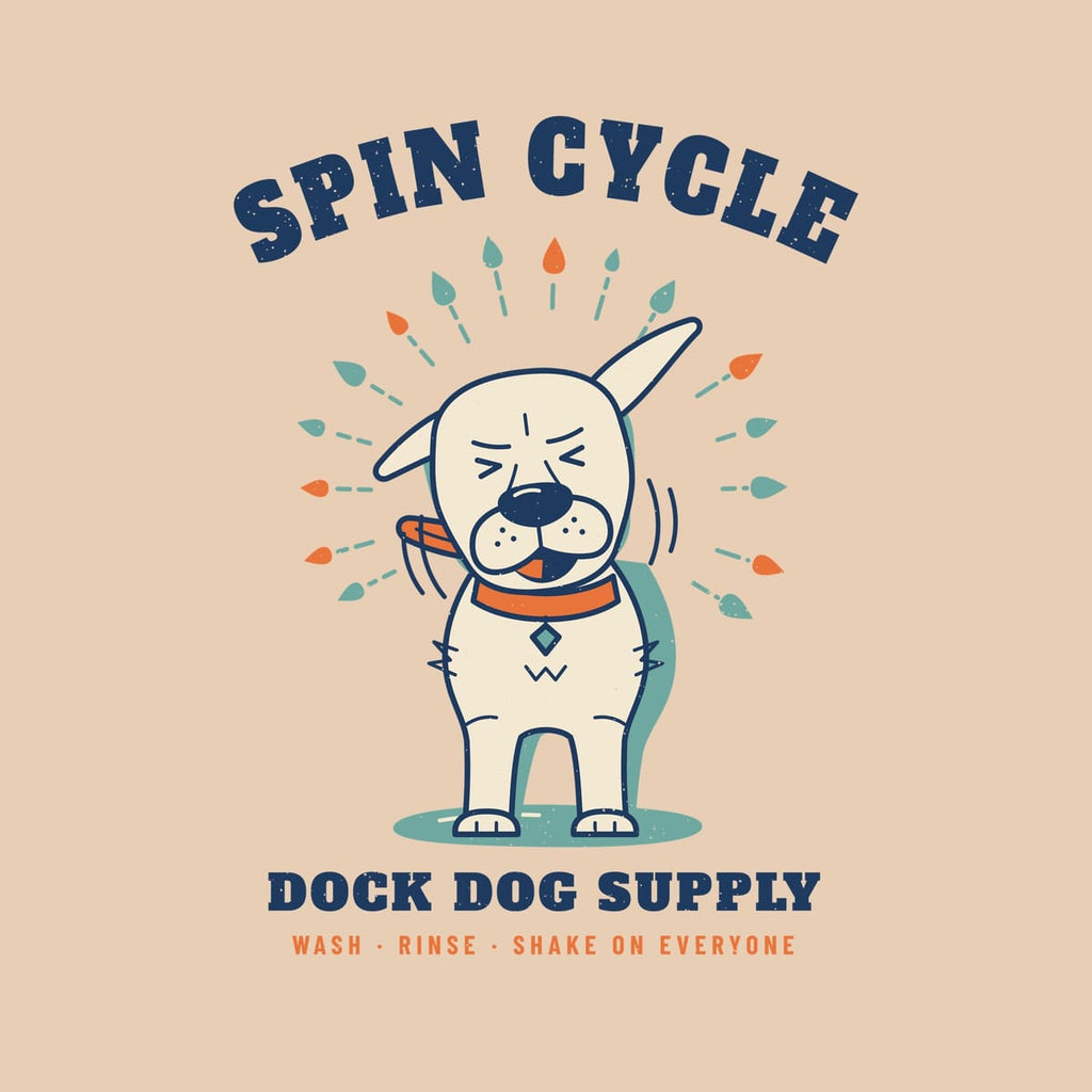 Close-up of the Spin Cycle print showing the squinting lab, flung ears, water droplet rays and distressed texture