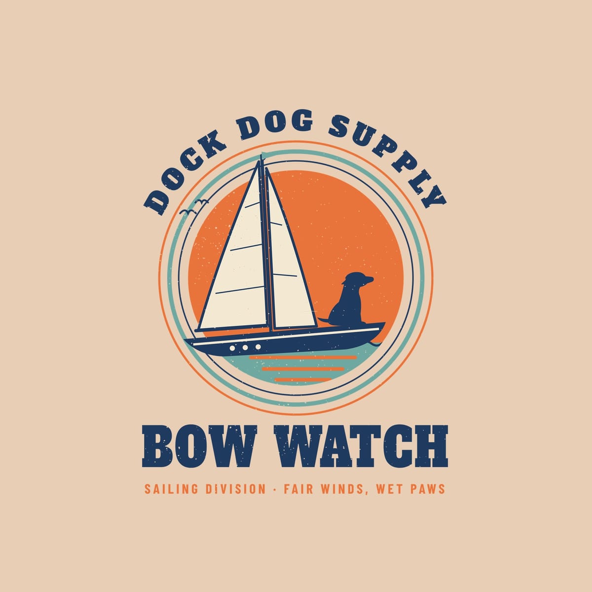 Close-up of the sailboat print showing sail seams, the dog on the bow, sun reflections and distressed texture