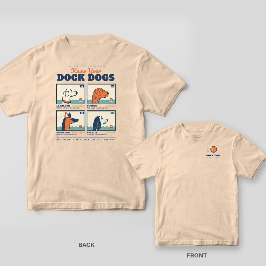 Ivory tee with a Know Your Dock Dogs field guide back print of a lab, doodle, shepherd and spaniel, tennis ball logo on the front