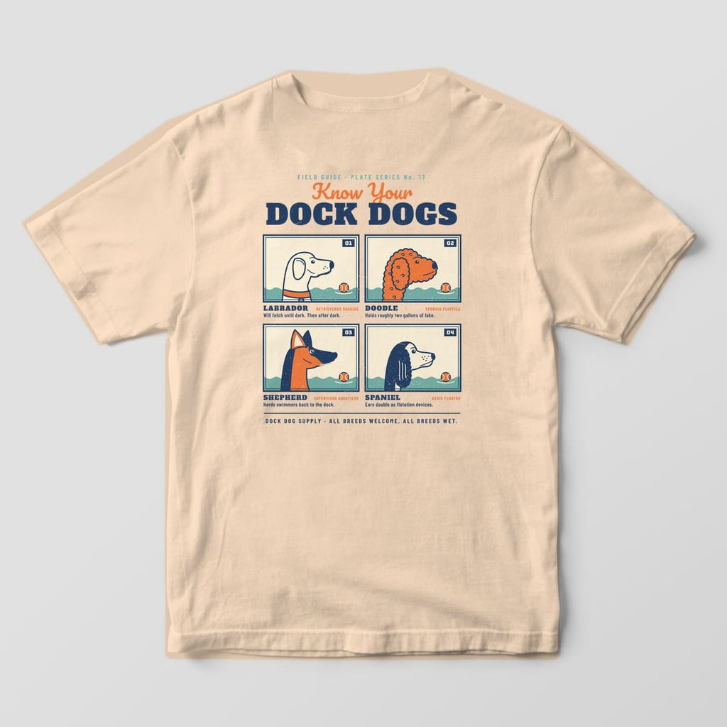 Back of an ivory Comfort Colors tee with four illustrated dog plates labeled Labrador, Doodle, Shepherd and Spaniel