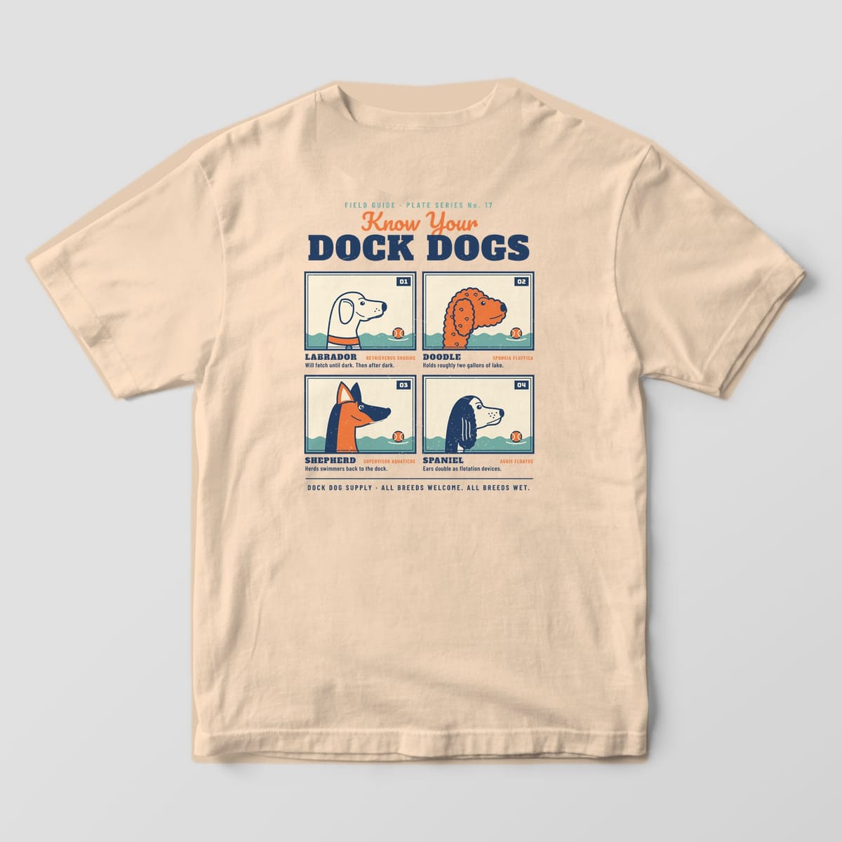 Back of an ivory Comfort Colors tee with four illustrated dog plates labeled Labrador, Doodle, Shepherd and Spaniel