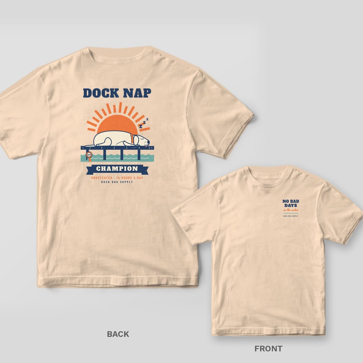 Ivory tee with a lab asleep on a sunny dock and Dock Nap Champion on the back, No Bad Days on the Water on the front chest