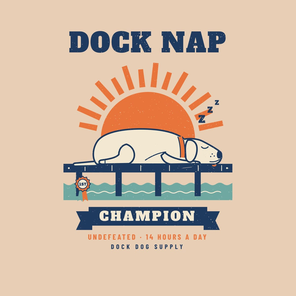 Close-up of the Dock Nap print showing the sleeping lab, tongue out, 1st place rosette and distressed texture