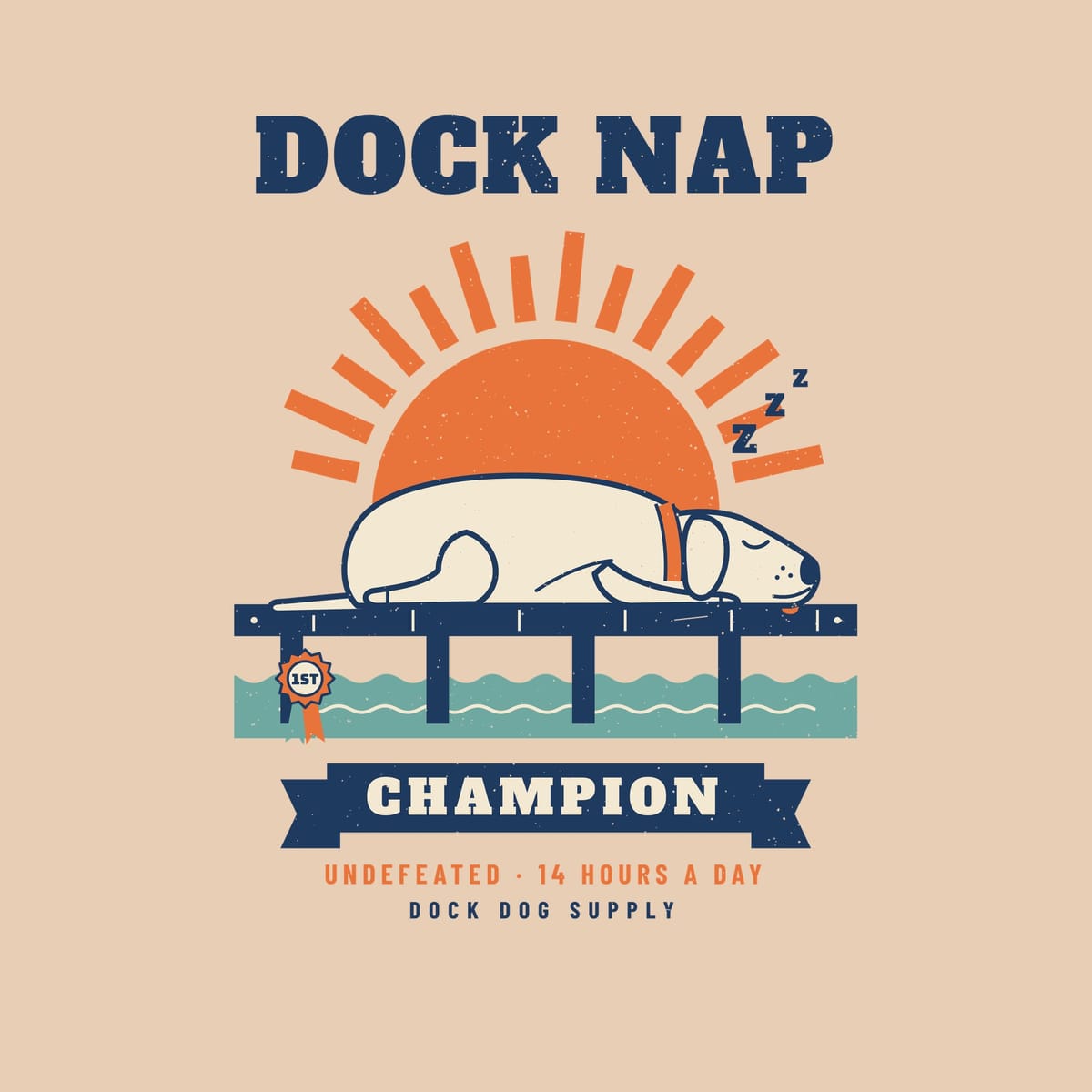 Close-up of the Dock Nap print showing the sleeping lab, tongue out, 1st place rosette and distressed texture