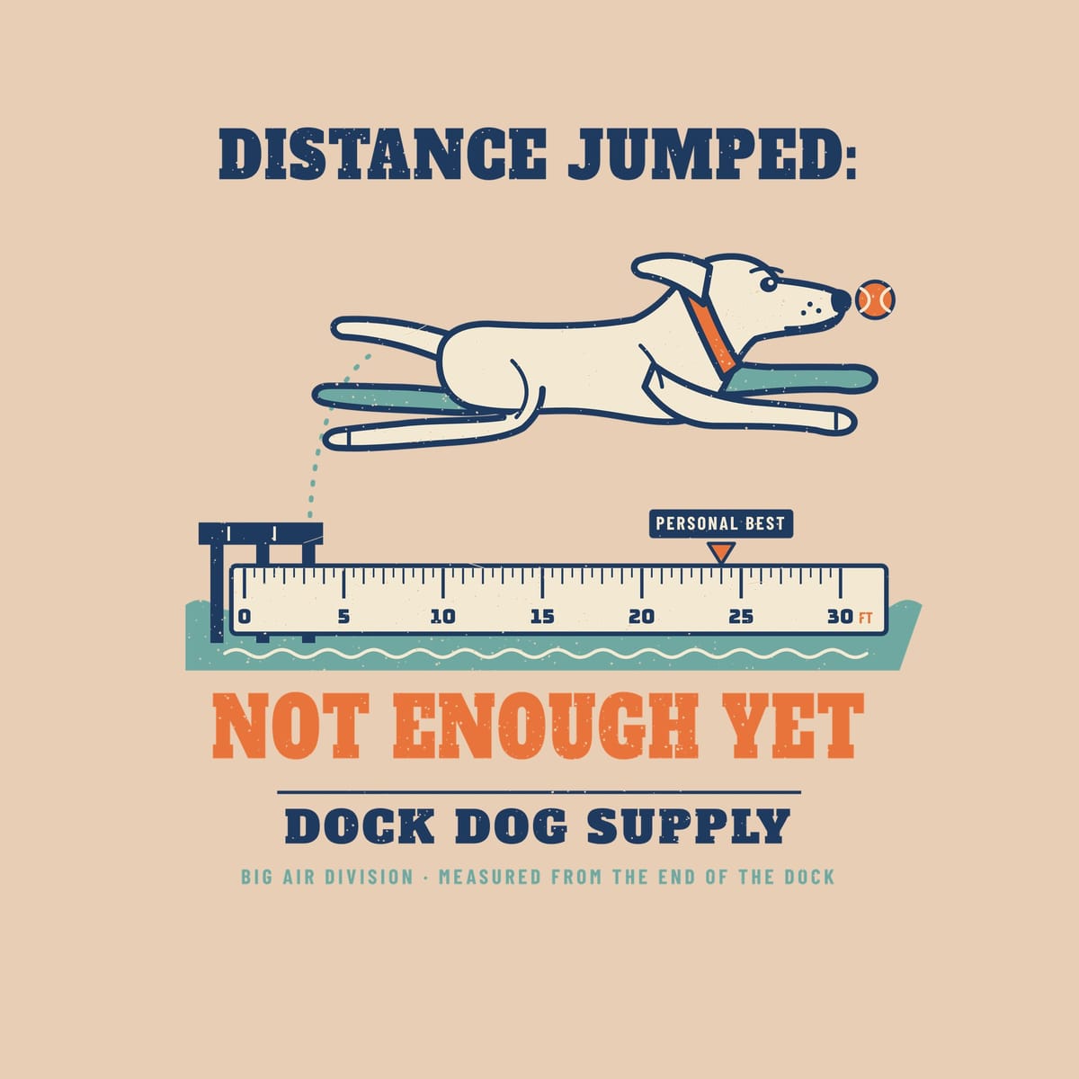 Close-up of the dock jump print showing the flying lab, tennis ball, ruler marks and distressed texture