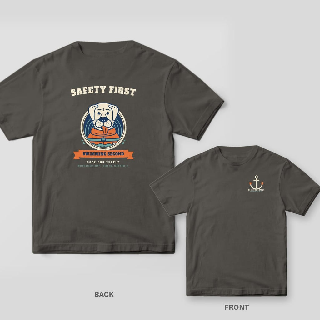 Charcoal tee with a lab in an orange life vest inside a rope ring and Safety First Swimming Second on the back, paw anchor on the front