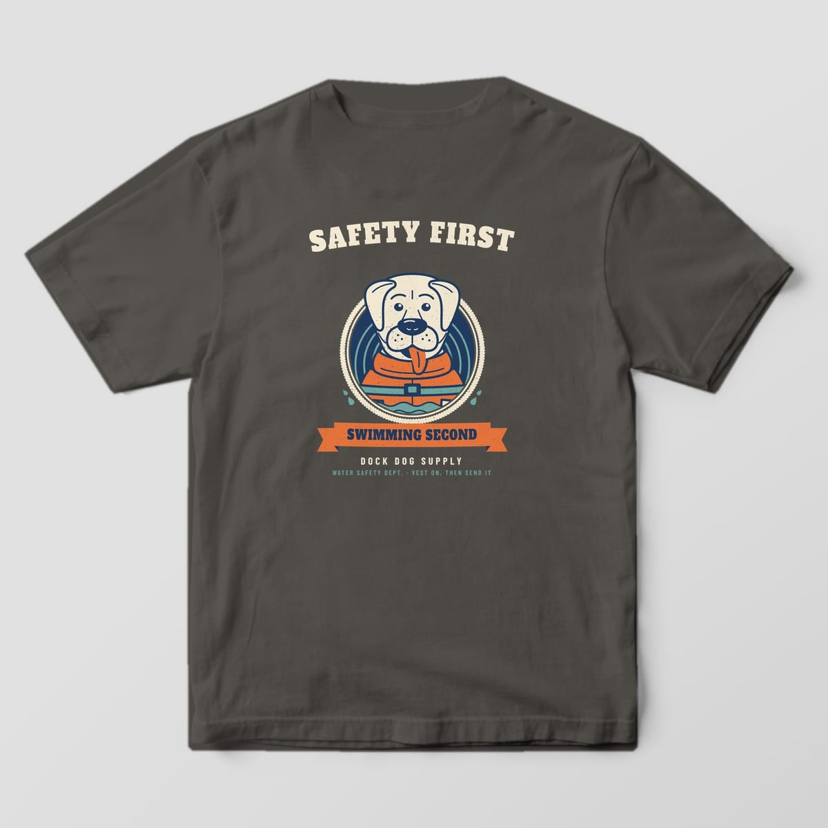 Back of a pepper Comfort Colors tee with a cream lab in an orange life vest swimming inside a rope ring