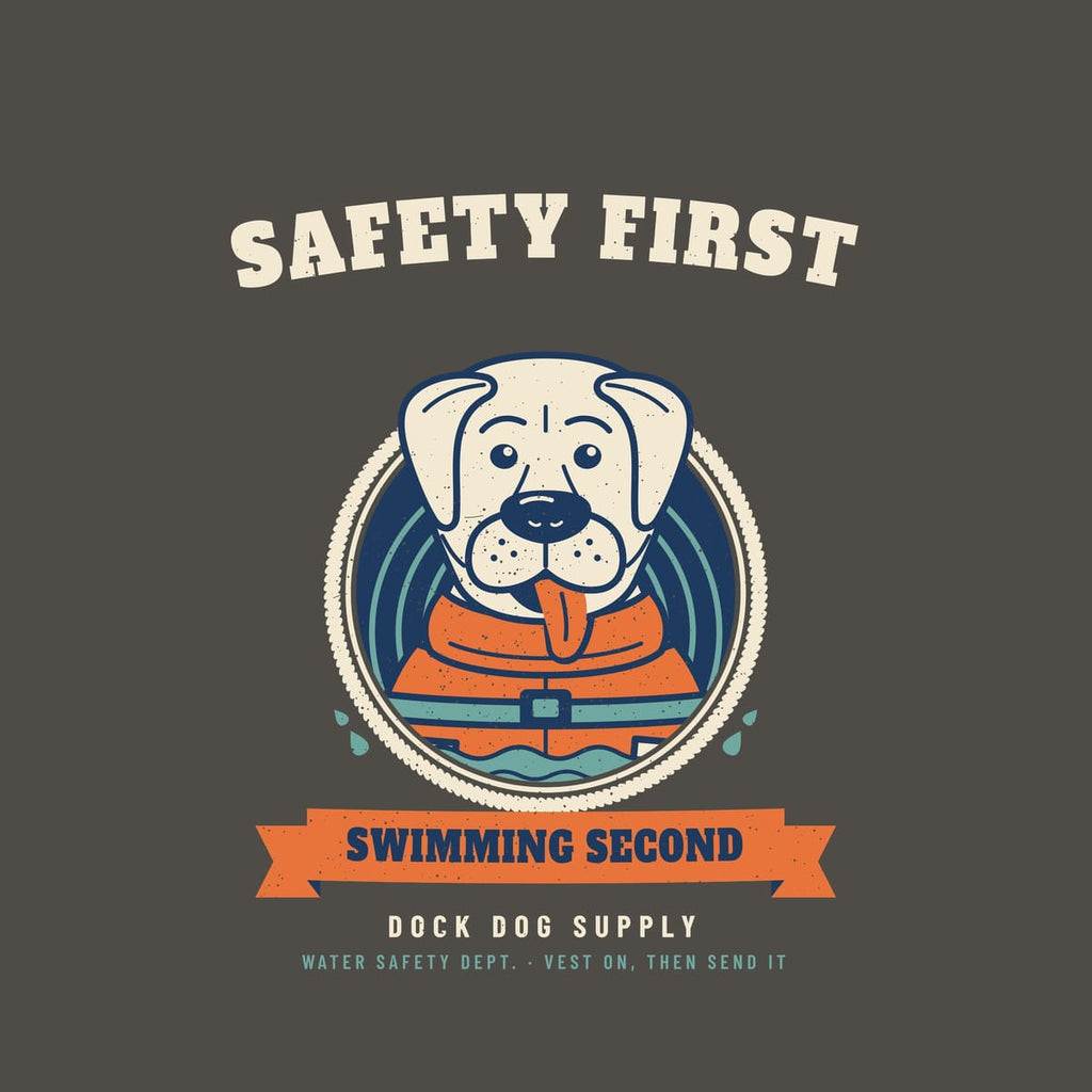Close-up of the life vest dog print showing the lab face, vest buckle, rope ring and distressed texture