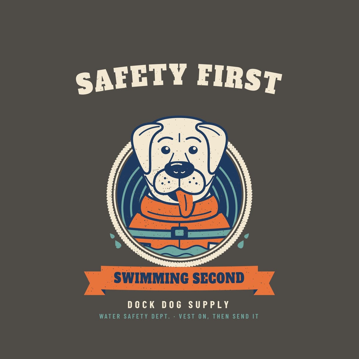 Close-up of the life vest dog print showing the lab face, vest buckle, rope ring and distressed texture