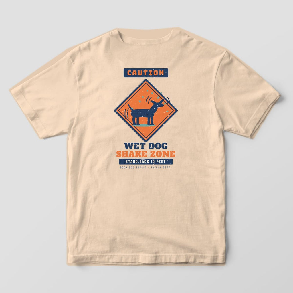Back of an ivory Comfort Colors tee with a caution diamond showing a shaking dog and Stand Back 10 Feet