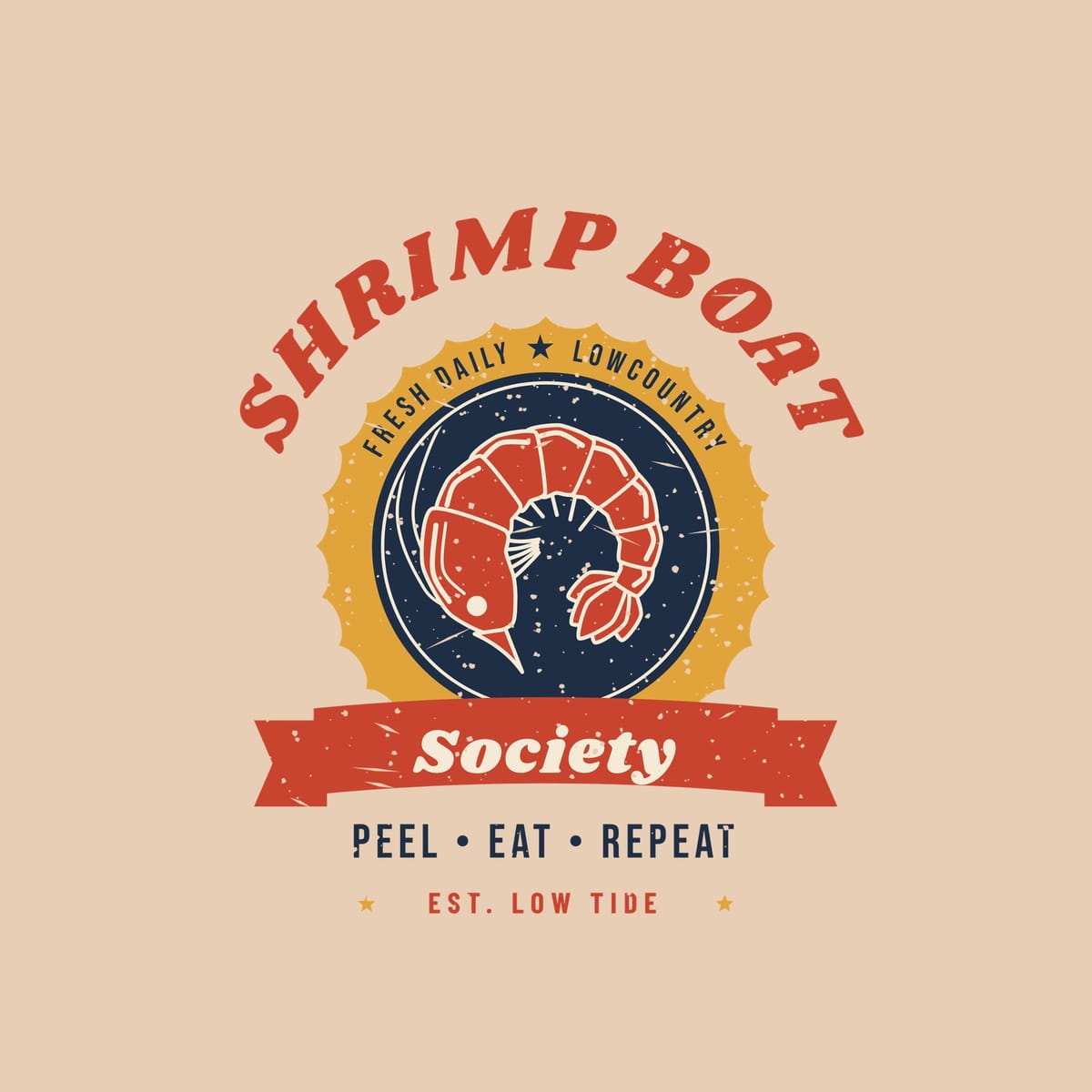 Close-up of the shack badge print: a curled red shrimp on navy in a scalloped gold seal, with speckled vintage texture.