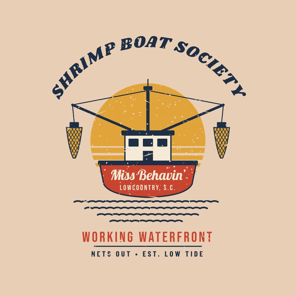 Close-up of the trawler print: a red transom with script boat name, cream wheelhouse, mesh nets and a speckled sunrise.